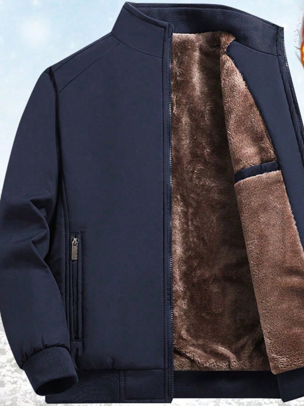Blue Casual Men's Loose Zipper Stand Collar Regular Sleeve Winter Jacket